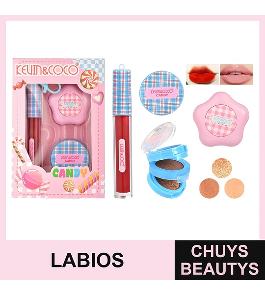 Set de Maquillaje Candy de 3pcs (labial+sombra de ojos+lipgloss)