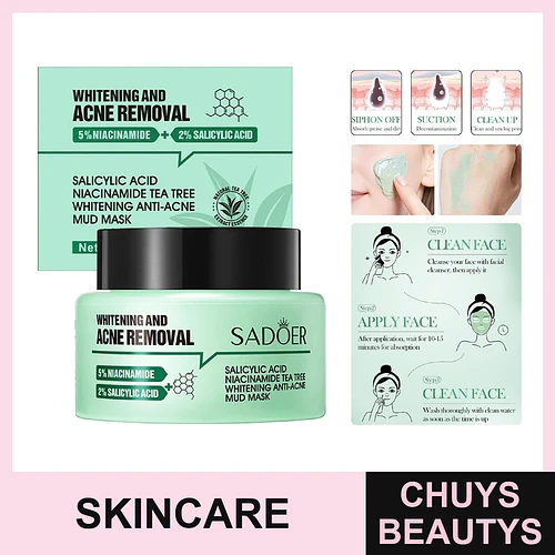 Mascarilla de barro blanqueadora para el tratamiento del acné con ácido salicílico, niacinamida y árbol de té de SADOER 50g - Chuys Beautys | Chuys Beautys