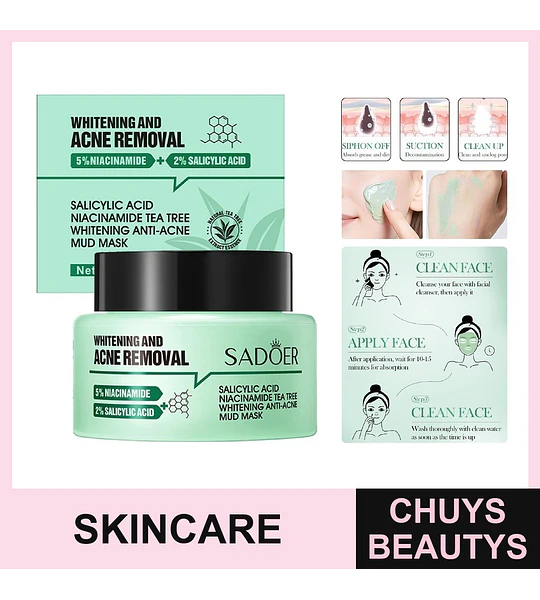 Mascarilla de barro blanqueadora para el tratamiento del acné con ácido salicílico, niacinamida y árbol de té de SADOER 50g