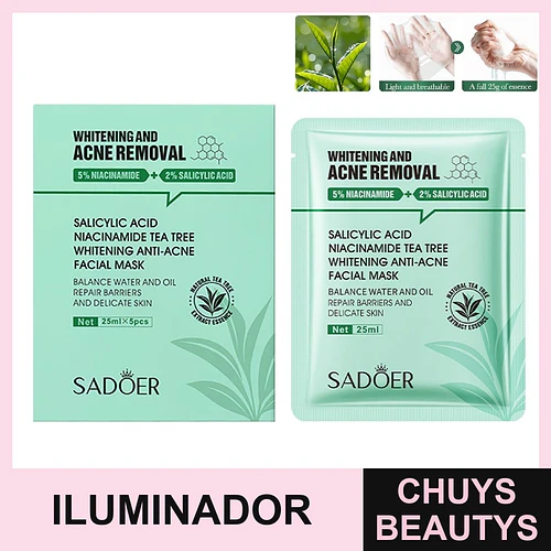 Mascarilla iluminadora y antiacné SADOER con ácido salicílico, niacinamida y árbol de té 25ml x5 unidades - Chuys Beautys | Chuys Beautys
