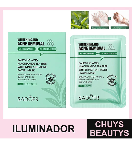 Mascarilla iluminadora y antiacné SADOER con ácido salicílico, niacinamida y árbol de té 25ml x5 unidades