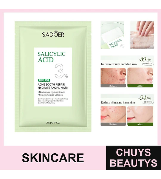 Mascarilla de tratamiento antiacné con ácido salicílico SADOER, calmante, reparadora e hidratante 25mg