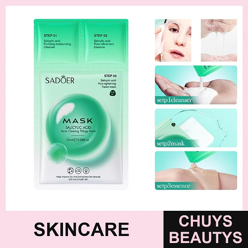 Mascarilla de 3 pasos para el tratamiento del acné con ácido salicílico de SADOER 25g - Chuys Beautys | Chuys Beautys