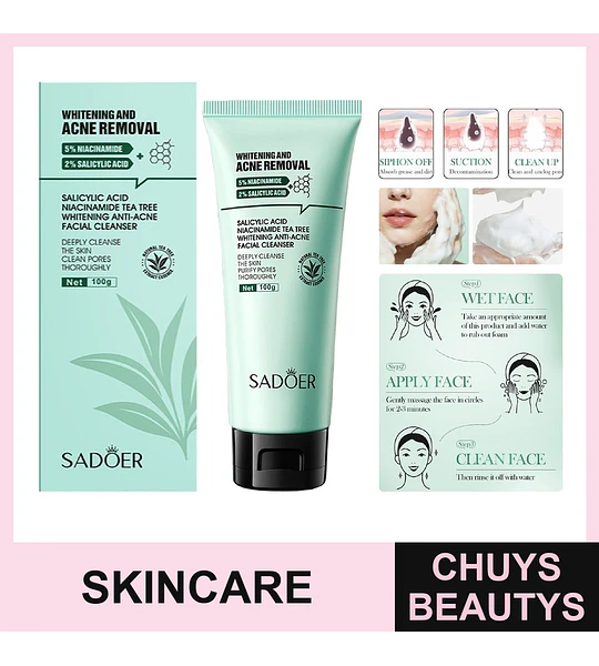 SADOER Limpiador Blanqueador Antiacné con Ácido Salicílico, Niacinamida y Árbol de Té 100g