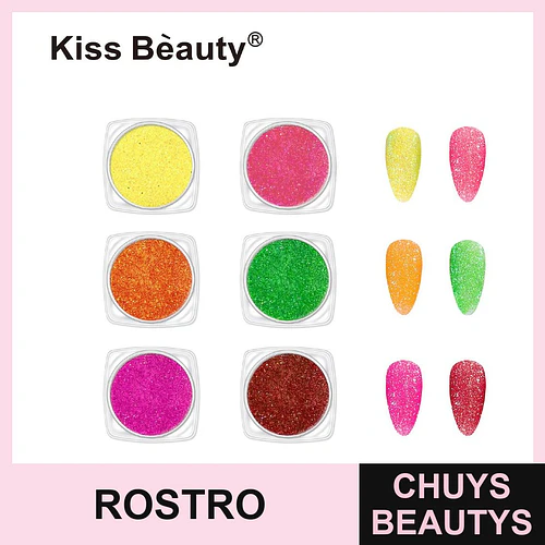 Polvo de purpurina vibrante para uñas Kiss Bèauty, set de 6 colores brillantes - Chuys Beautys | Chuys Beautys