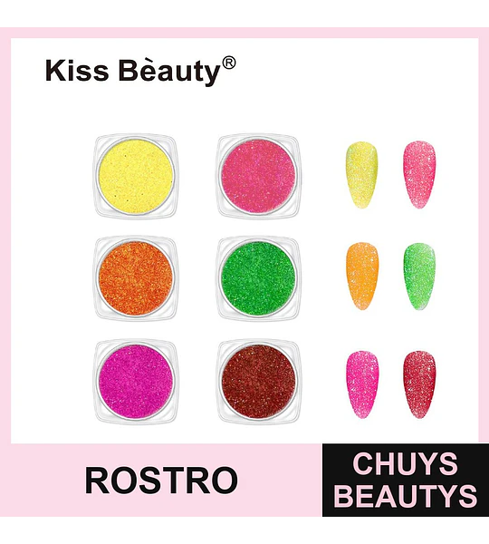 Polvo de purpurina vibrante para uñas Kiss Bèauty, set de 6 colores brillantes