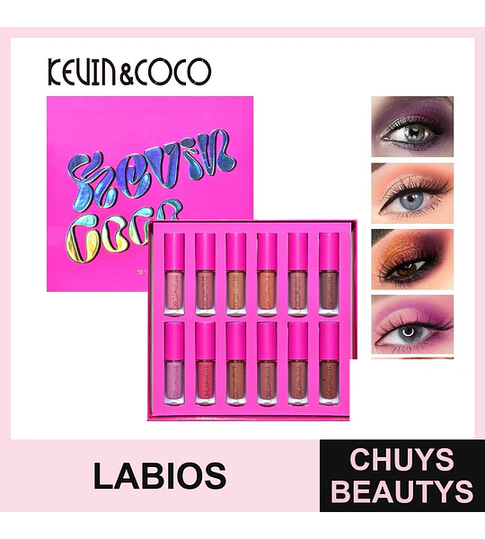 Set de 12 Labiales Líquidos Kevin & Coco con Acabado Mate y Brillo Variado