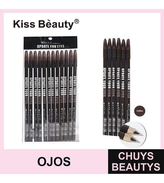 Delineador de Ojos Larga Duración Tono Café Kiss Bèauty Pack x12