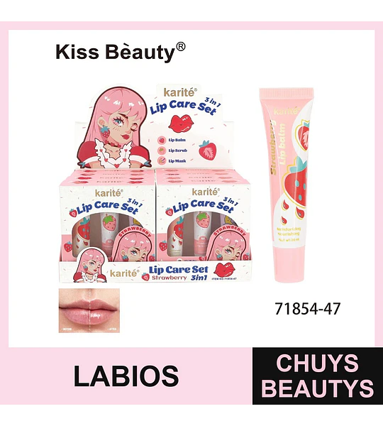 Set de Cuidado Labial 3 en 1 Fresa Karité Kiss Beauty