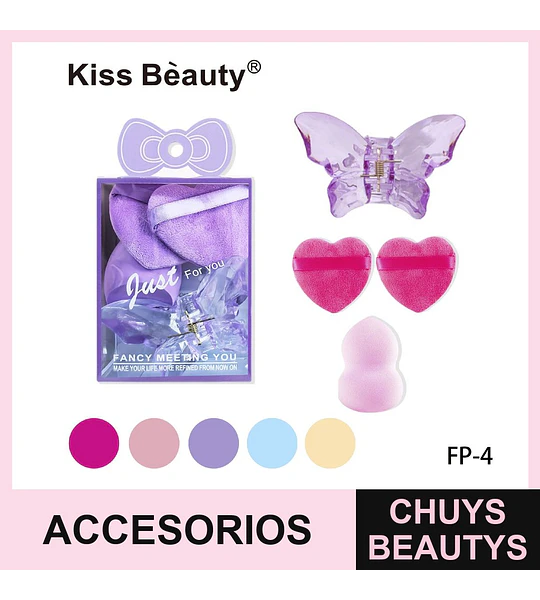 Set de Accesorios de Belleza Kiss Bèauty con Esponjas y Pinza Mariposa