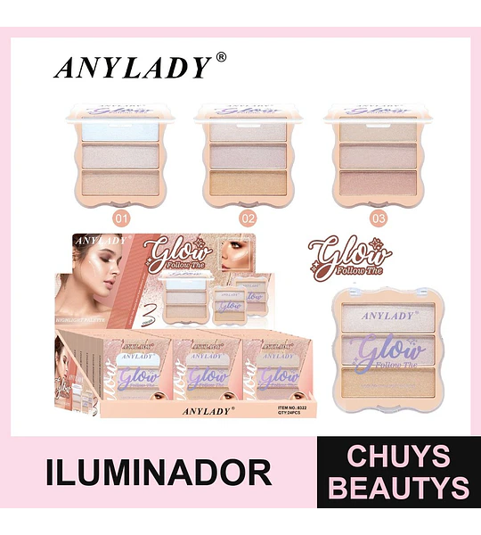 Paleta de Iluminadores 3 Tonos Efecto Glow ANYLADY Glow Follow The