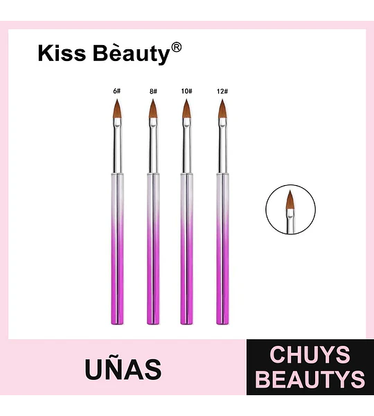 Pinceles profesionales Kiss Bèauty para nail art en gel y acrílico, set de 4 tamaños