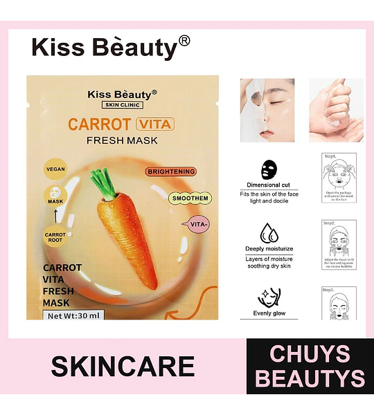 Mascarilla facial de zanahoria Kiss Bèauty para hidratación y luminosidad
