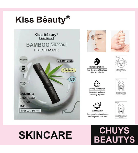 Mascarilla Facial Hidratante de Carbón de Bambú Kiss Bèauty para Cuidado de Poros