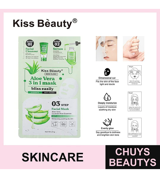 Mascarilla Facial 3 en 1 Aloe Vera Hidratante y Anti-edad Kiss Beauty