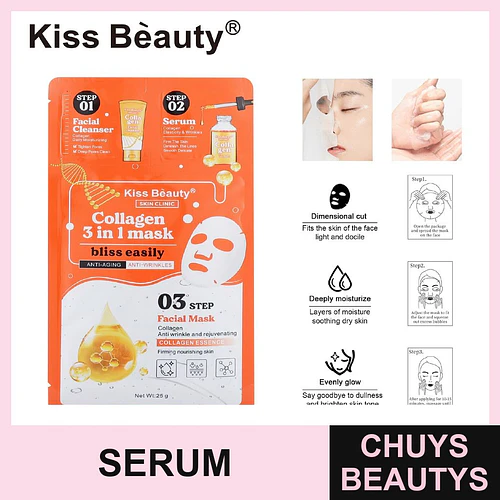 Mascarilla Facial 3 en 1 de Colágeno Kiss Beauty con Limpiador y Sérum - Chuys Beautys | Chuys Beautys