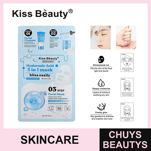Mascarilla facial 3 en 1 de Ácido Hialurónico Kiss Beauty para hidratación profunda - Chuys Beautys | Chuys Beautys