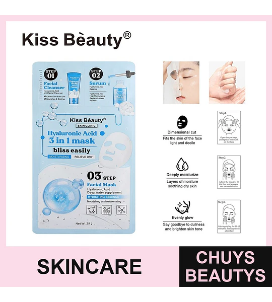 Mascarilla facial 3 en 1 de Ácido Hialurónico Kiss Beauty para hidratación profunda
