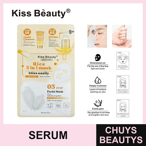 Mascarilla Facial 3 en 1 de Arroz Kiss Beauty con Limpiador y Sérum - Chuys Beautys | Chuys Beautys