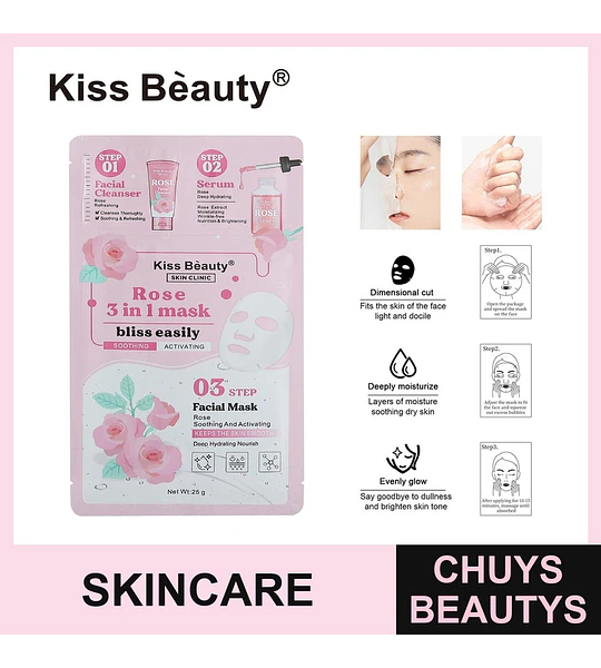 Mascarilla Facial 3 en 1 con Rosa Kiss Beauty para Hidratación y Calma