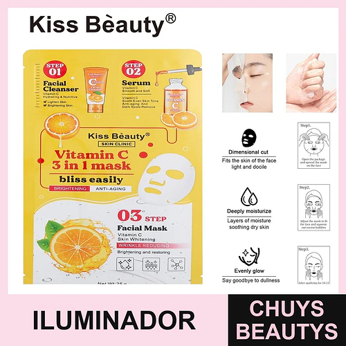 Mascarilla Facial 3 en 1 Kiss Bèauty con Vitamina C Iluminadora y Antiedad - Chuys Beautys | Chuys Beautys