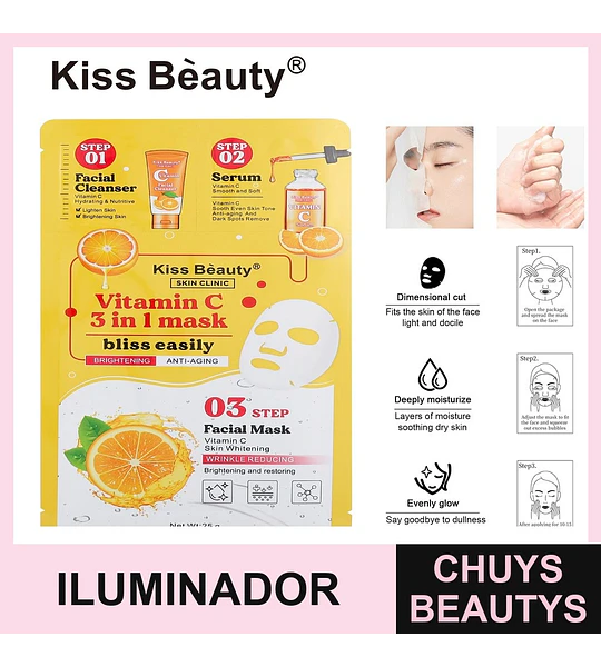 Mascarilla Facial 3 en 1 Kiss Bèauty con Vitamina C Iluminadora y Antiedad