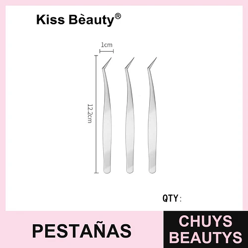 Pinzas de precisión para pestañas Kiss Bèauty, punta curva de acero inoxidable 12.2cm - Chuys Beautys | Chuys Beautys
