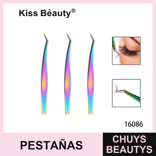 Pinzas profesionales iridiscentes para extensiones de pestañas Kiss Bèauty - Chuys Beautys | Chuys Beautys