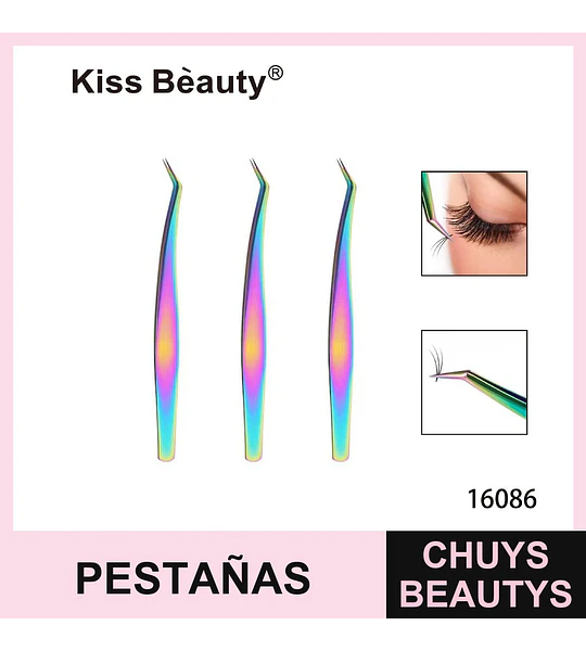 Pinzas profesionales iridiscentes para extensiones de pestañas Kiss Bèauty