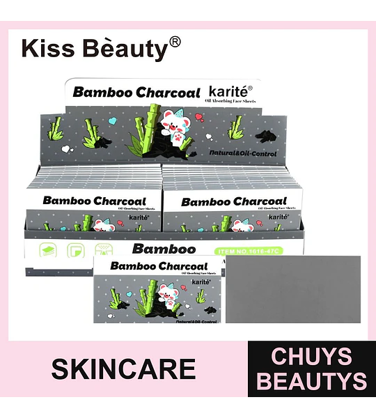 Toallitas absorbentes de grasa facial Kiss Beauty con carbón de bambú y karité