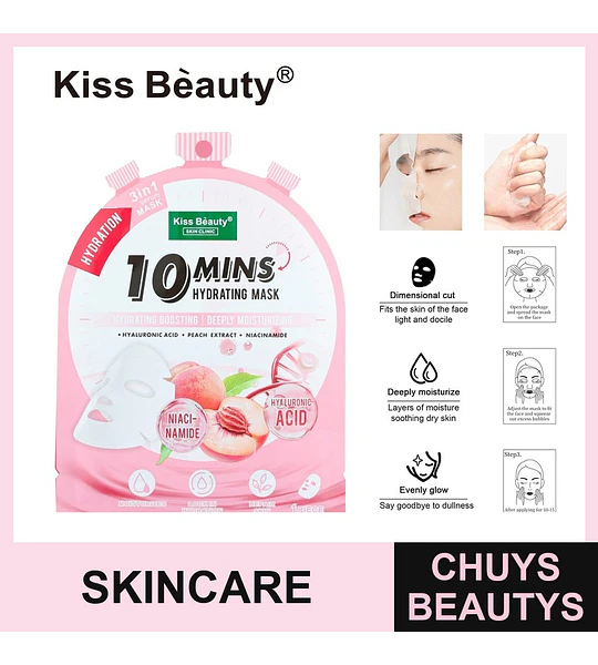 Mascarilla Facial Hidratante 10 Mins con Ácido Hialurónico y Durazno Kiss Beauty