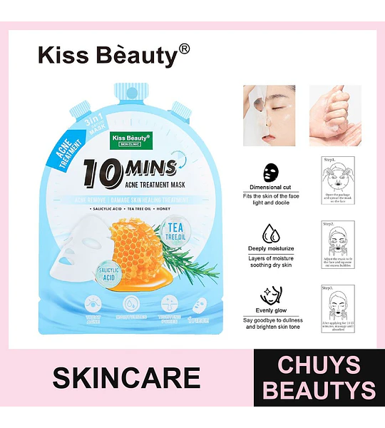 Mascarilla Facial Tratamiento Acné 3 en 1 con Ácido Salicílico y Árbol de Té Kiss Beauty