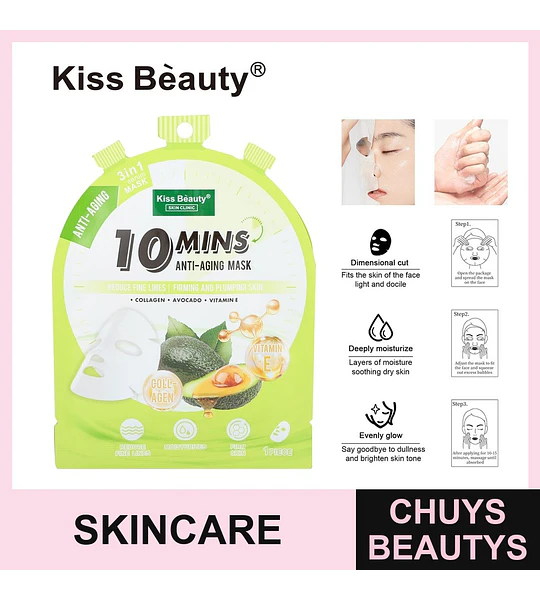 Mascarilla Facial Antiedad Kiss Beauty 10 Minutos con Colágeno y Aguacate