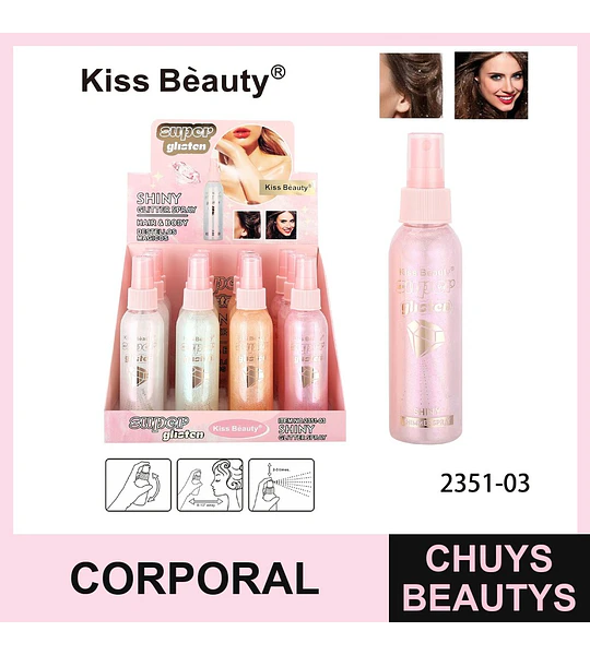 Spray de brillo corporal y capilar Kiss Beauty Super Glisten