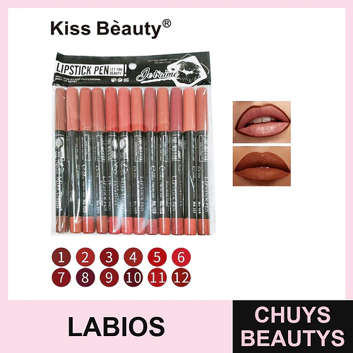 Delineador de Labios Lápiz Mate Kiss Beauty Set 12 Tonos - Chuys Beautys | Chuys Beautys