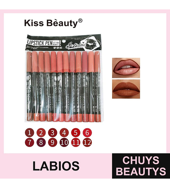 Delineador de Labios Lápiz Mate Kiss Beauty Set 12 Tonos