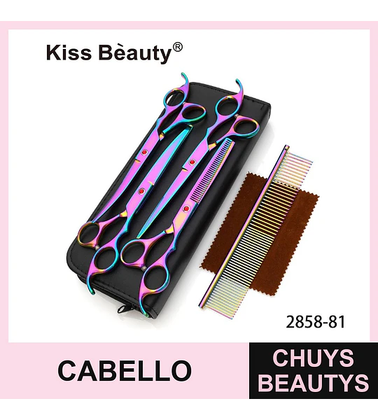 Set profesional de tijeras y peine iridiscente Kiss Bèauty para corte de cabello