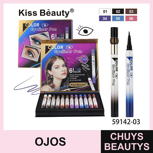 Set de Delineadores Líquidos de Ojos 6 Colores Larga Duración Kiss Beauty - Chuys Beautys | Chuys Beautys
