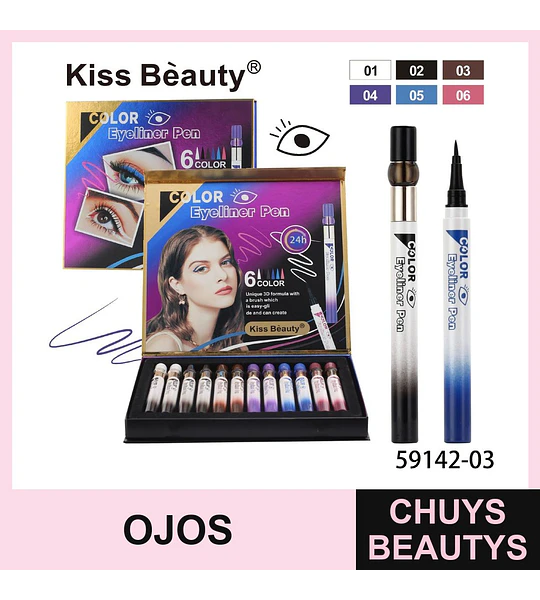 Set de Delineadores Líquidos de Ojos 6 Colores Larga Duración Kiss Beauty
