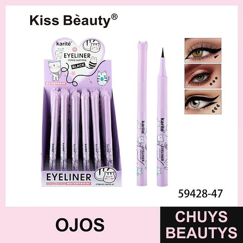 Delineador líquido negro Kiss Beauty Karité de larga duración y resistente al agua con diseño de gato - Chuys Beautys | Chuys Beautys