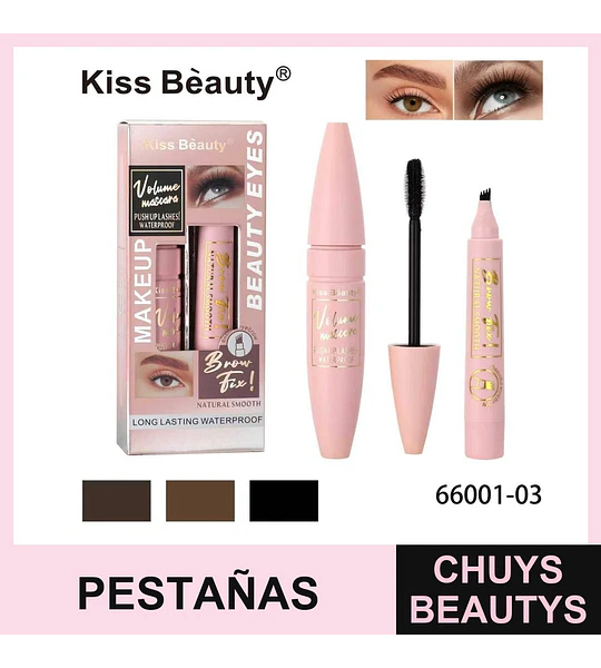 Set de Maquillaje de Ojos Kiss Bèauty: Máscara de Volumen Waterproof y Fijador de Cejas