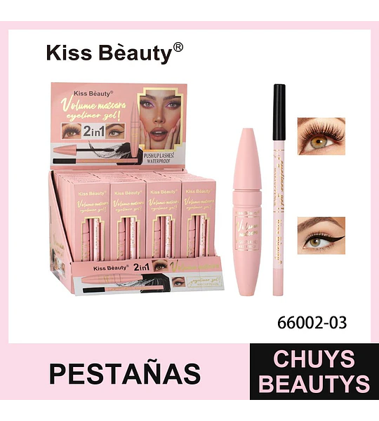 Máscara de Pestañas Volumen y Delineador en Gel 2 en 1 Kiss Bèauty Waterproof