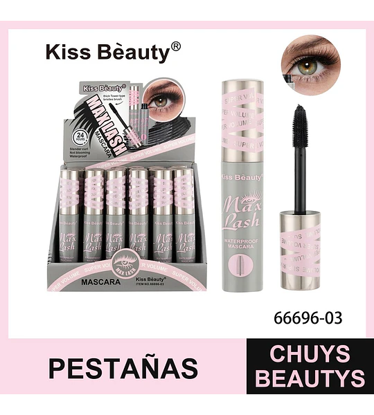 Máscara de Pestañas Kiss Beauty Max Lash Waterproof Super Volumen 24 Horas