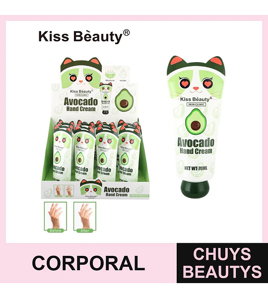 Crema de Manos Hidratante de Aguacate Kiss Bèauty Skin Clinic con Diseño de Gato