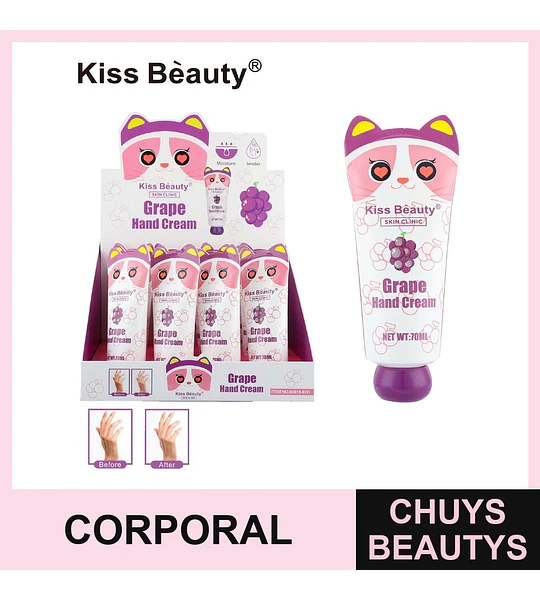 Crema de Manos Hidratante Kiss Beauty con Extracto de Uva y Diseño de Gato