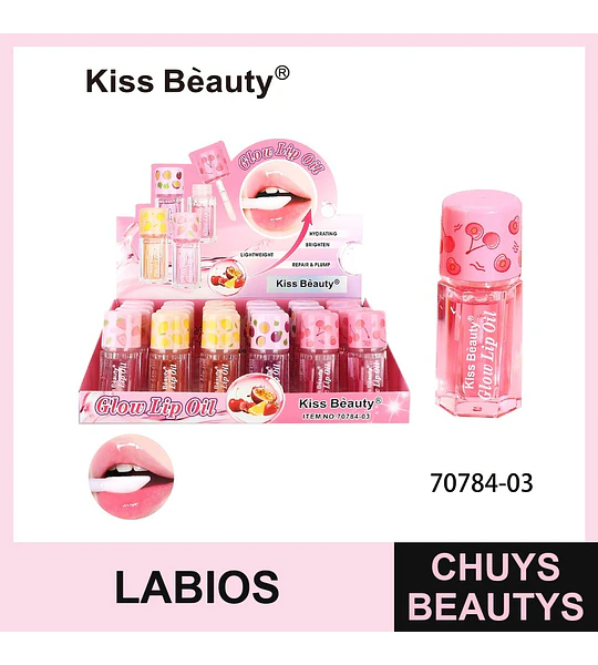 Aceite labial Kiss Beauty Glow con brillo hidratante y reparador de frutas