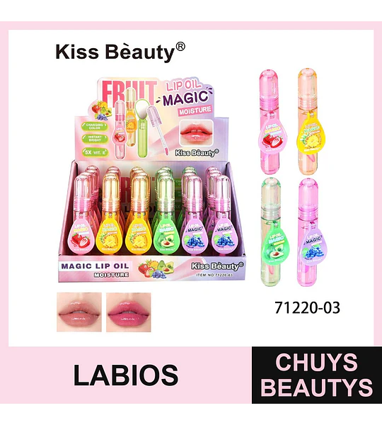 Aceite Labial Mágico Hidratante Kiss Beauty con Cambio de Color y Frutas
