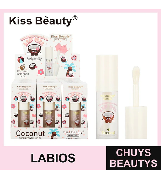 Aceite labial nutritivo de coco Kiss Bèauty para labios voluminosos y brillantes