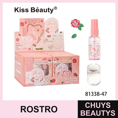 Set Fijador de Maquillaje Kiss Beauty con Spray y Polvo de Rosa - Chuys Beautys | Chuys Beautys