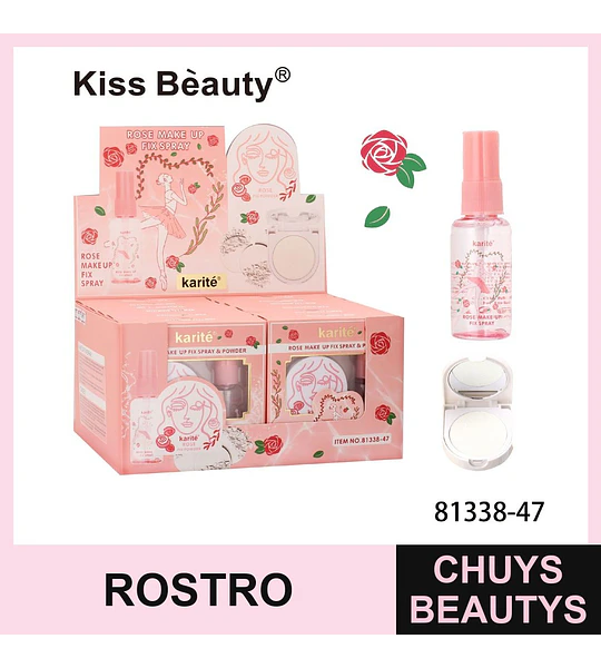 Set Fijador de Maquillaje Kiss Beauty con Spray y Polvo de Rosa